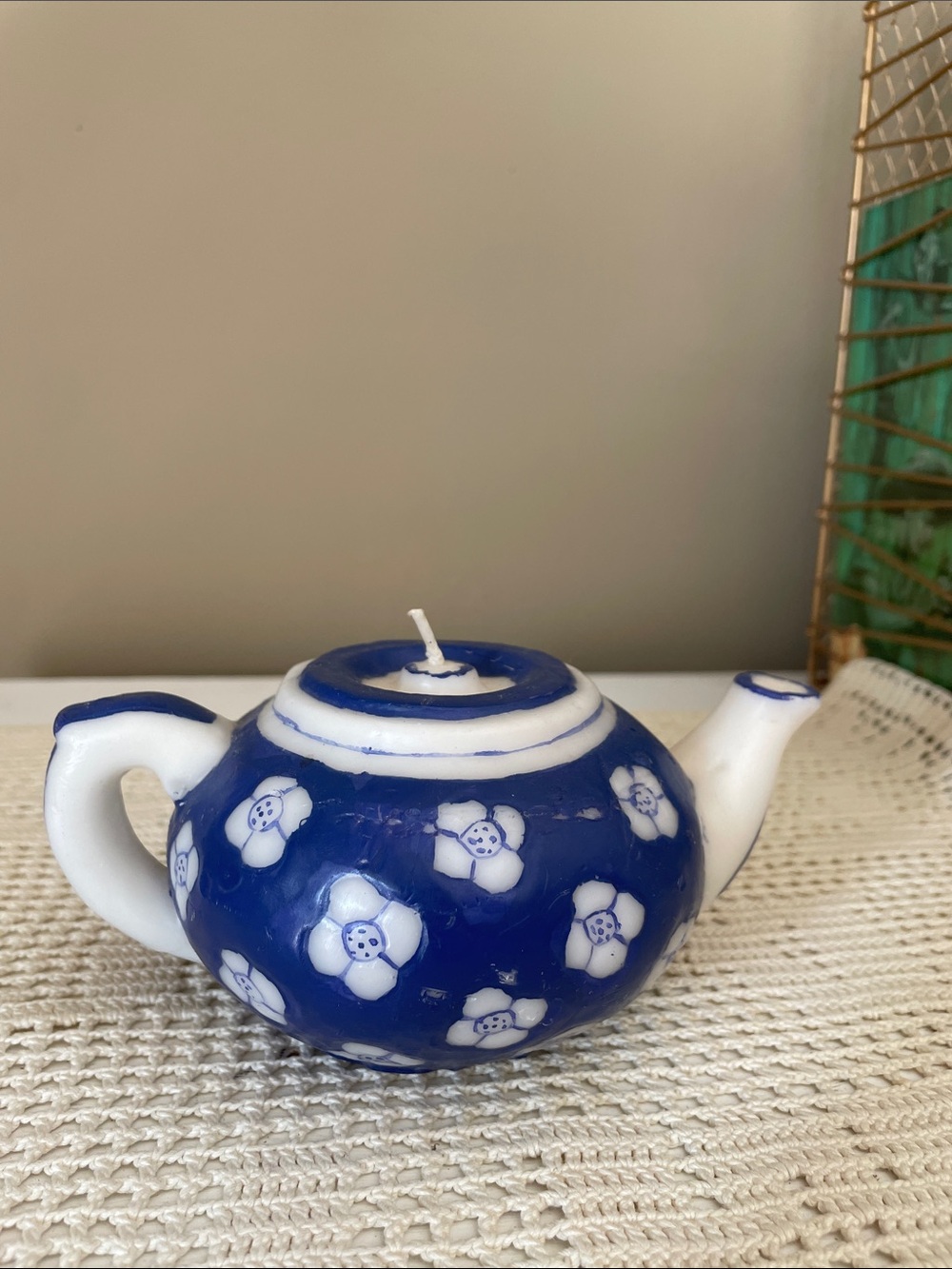 Blue Floral Teapot shape Candle - Blue and White